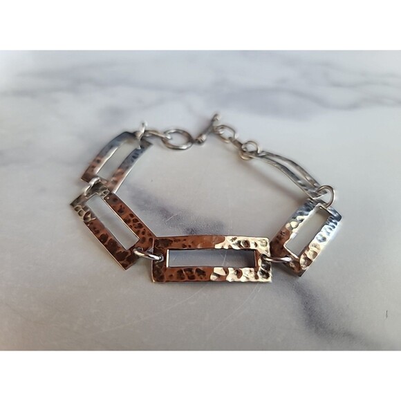 925 Sterling Hammered Silver Link Bracelet Vintage Toggle Closure - Picture 3 of 10
